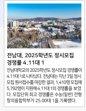 전남대, 2025학년도 정시모집 경쟁률 4.11대 1